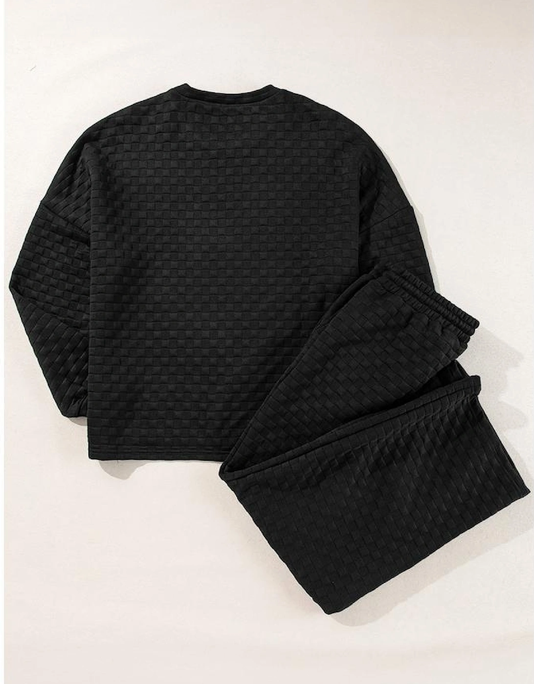 Color black Checkered Textured Split Pullover Top and Pants Set