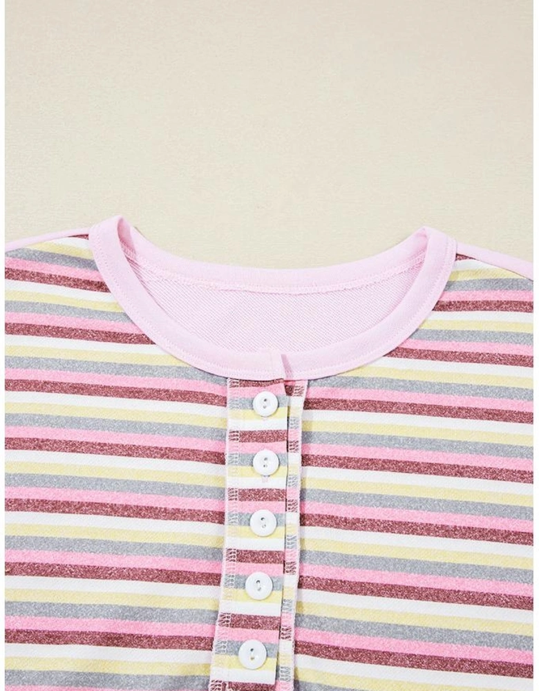 Pink Exposed Seam Color Block Striped Patchwork Loose Henley Sweatshirt
