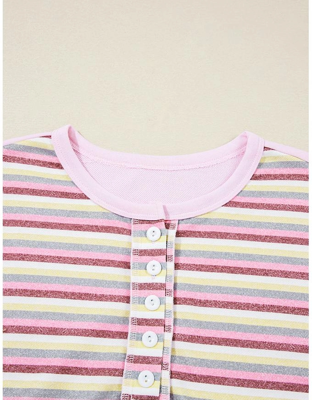 Pink Exposed Seam Color Block Striped Patchwork Loose Henley Sweatshirt