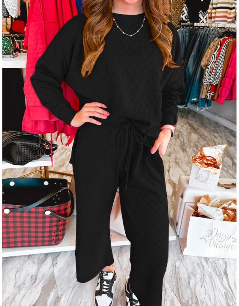 Color black Checkered Textured Split Pullover Top and Pants Set