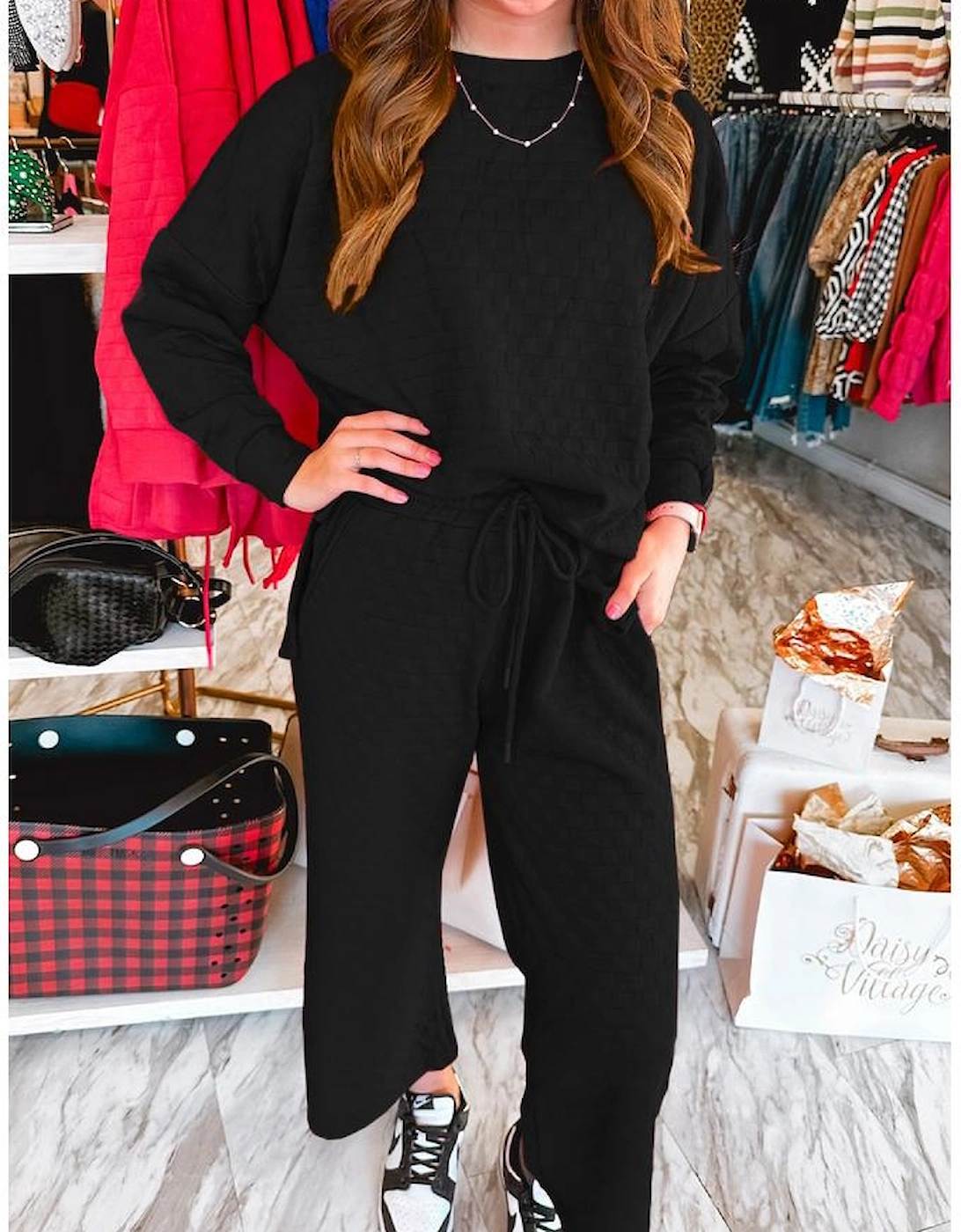 Color black Checkered Textured Split Pullover Top and Pants Set