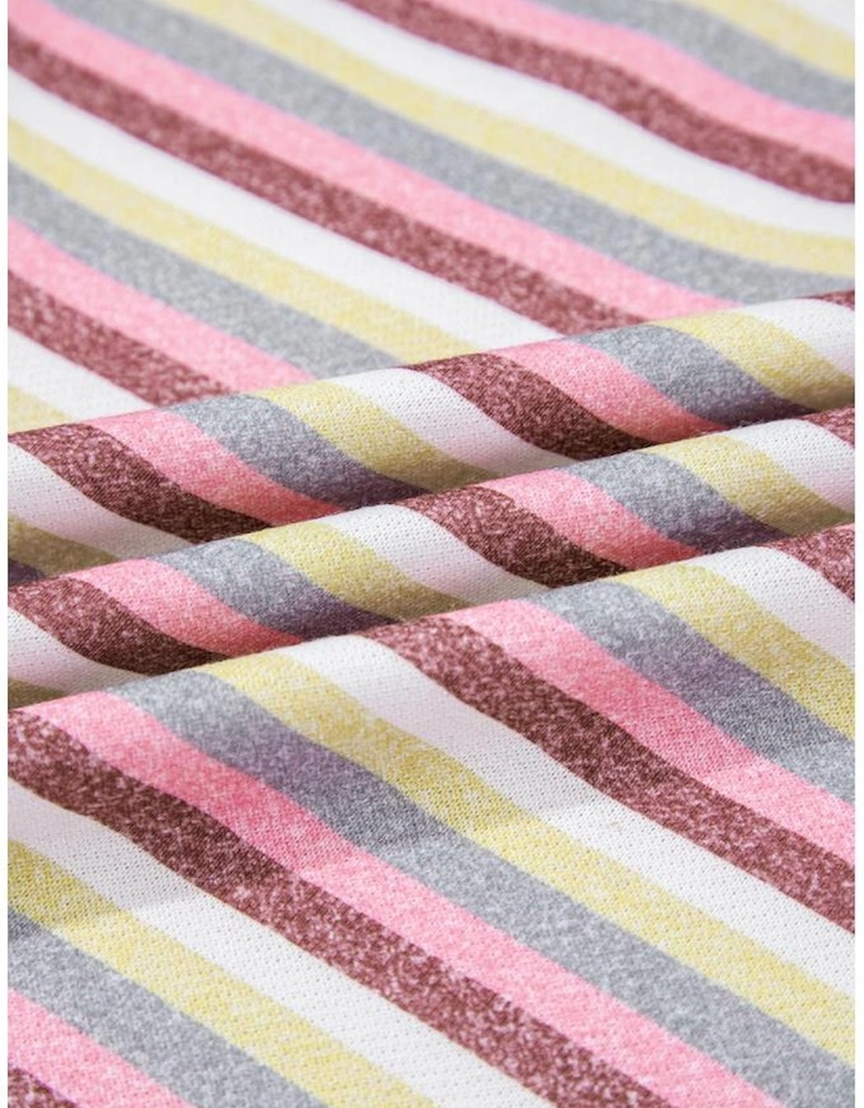 Pink Exposed Seam Color Block Striped Patchwork Loose Henley Sweatshirt