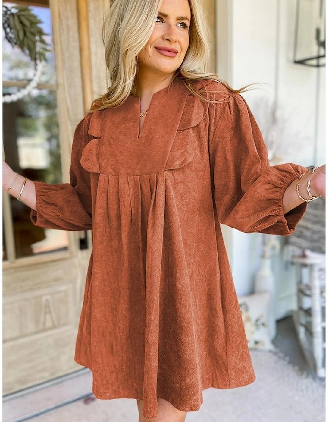 Cinnamon Bracelet Sleeve Split Neck Scallop Detail Pleated Corduroy Mini Dress