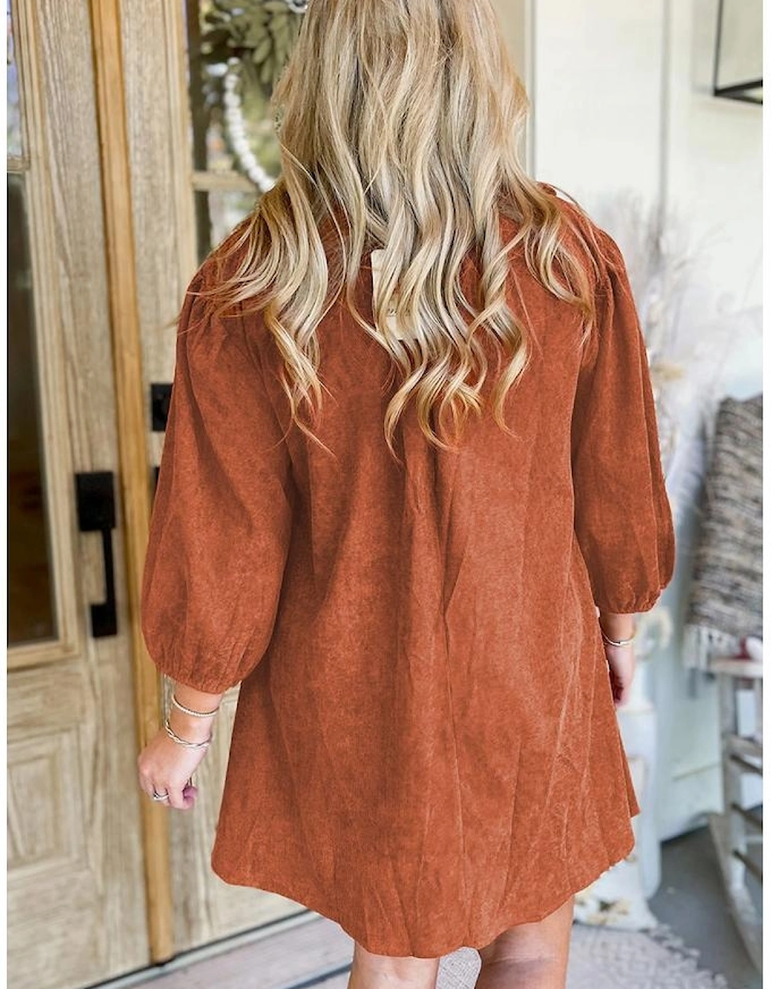 Cinnamon Bracelet Sleeve Split Neck Scallop Detail Pleated Corduroy Mini Dress, 13 of 12