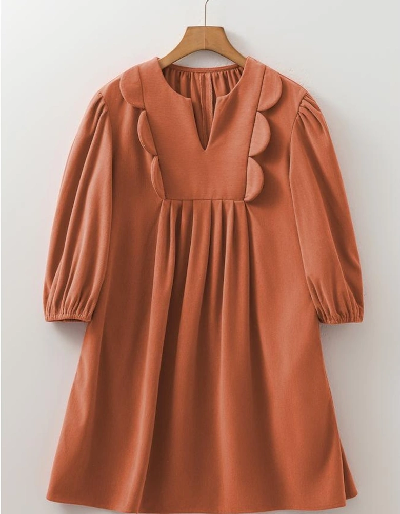 Cinnamon Bracelet Sleeve Split Neck Scallop Detail Pleated Corduroy Mini Dress