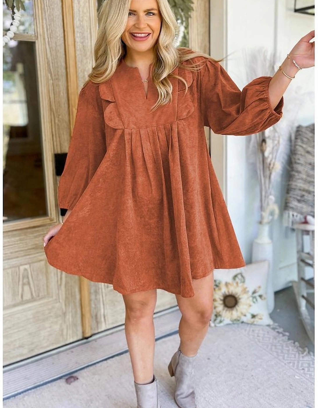 Cinnamon Bracelet Sleeve Split Neck Scallop Detail Pleated Corduroy Mini Dress