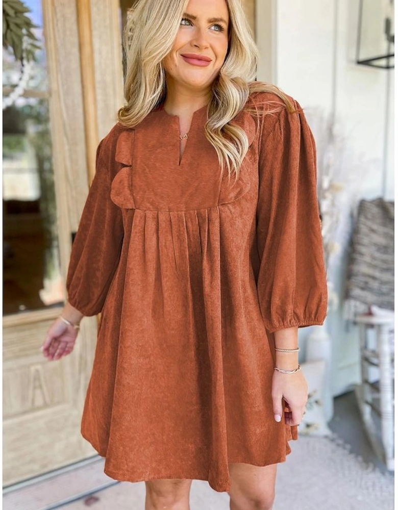 Cinnamon Bracelet Sleeve Split Neck Scallop Detail Pleated Corduroy Mini Dress