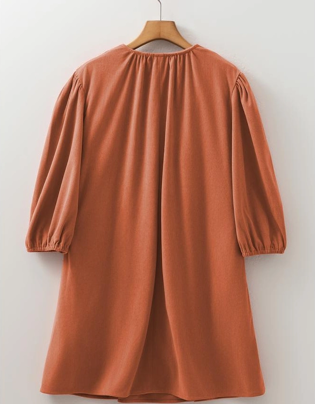 Cinnamon Bracelet Sleeve Split Neck Scallop Detail Pleated Corduroy Mini Dress