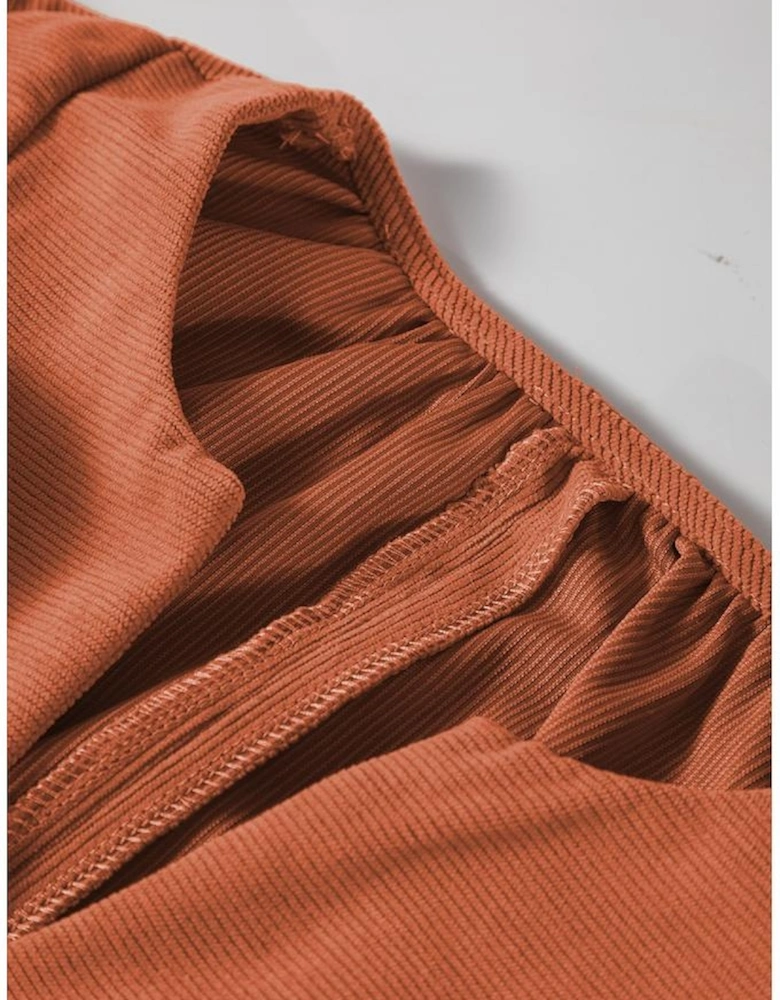 Cinnamon Bracelet Sleeve Split Neck Scallop Detail Pleated Corduroy Mini Dress