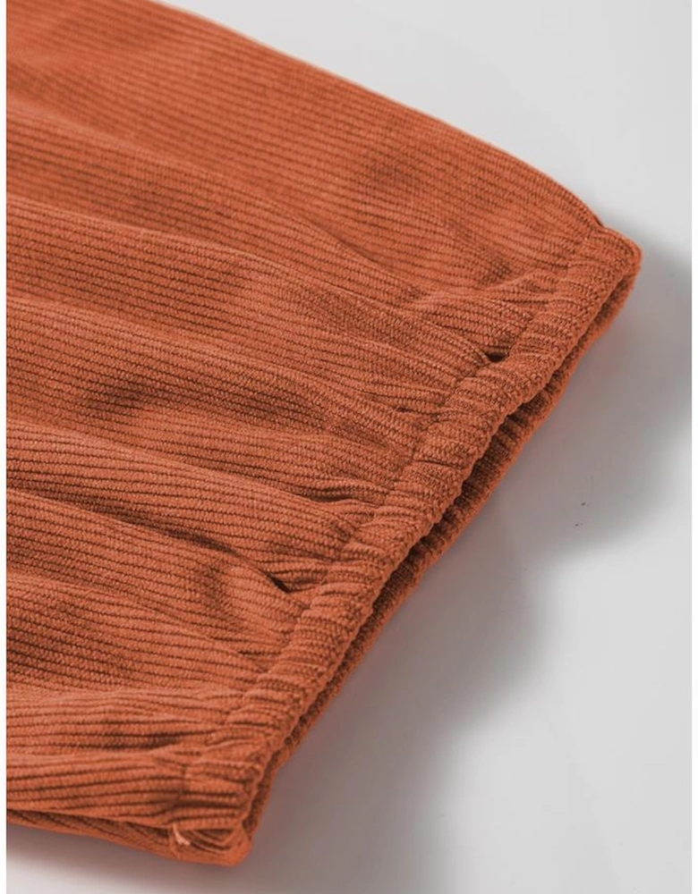 Cinnamon Bracelet Sleeve Split Neck Scallop Detail Pleated Corduroy Mini Dress