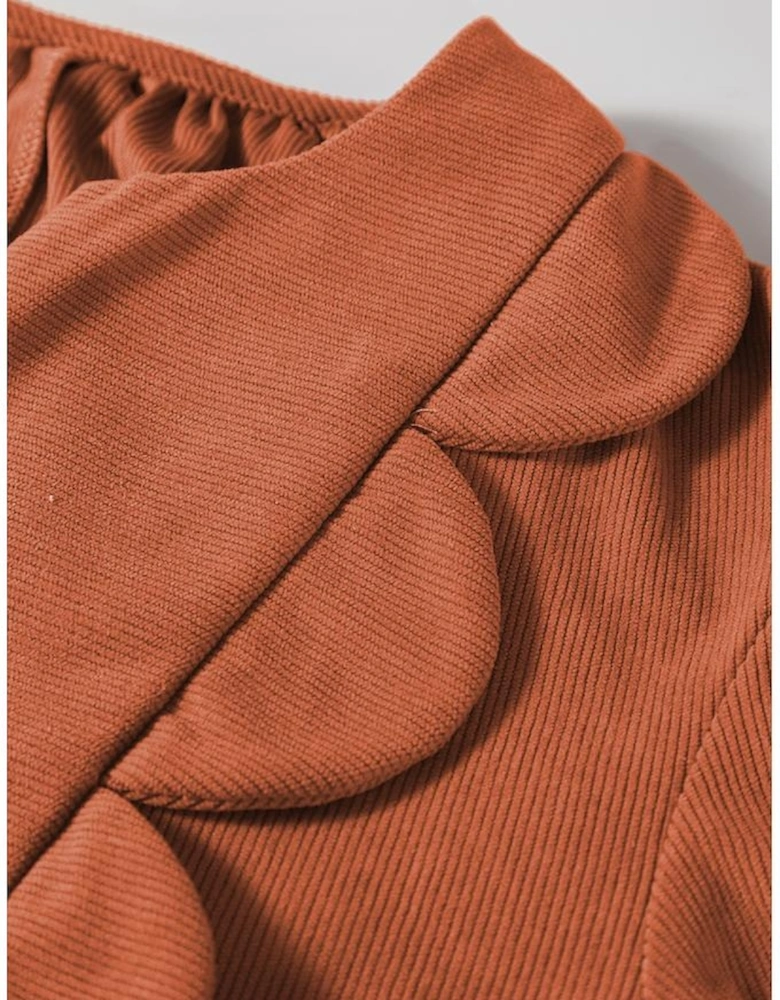 Cinnamon Bracelet Sleeve Split Neck Scallop Detail Pleated Corduroy Mini Dress