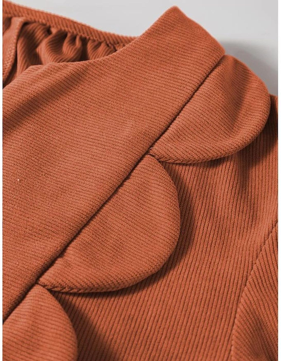 Cinnamon Bracelet Sleeve Split Neck Scallop Detail Pleated Corduroy Mini Dress