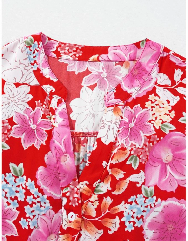 Red Floral Print High Waist V Neck Babydoll Mini Dress