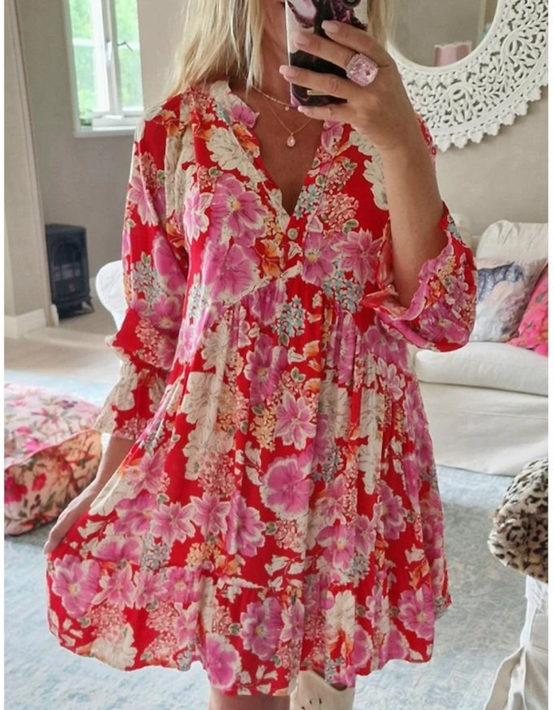 Red Floral Print High Waist V Neck Babydoll Mini Dress