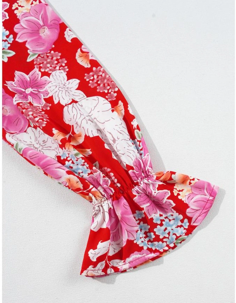 Red Floral Print High Waist V Neck Babydoll Mini Dress