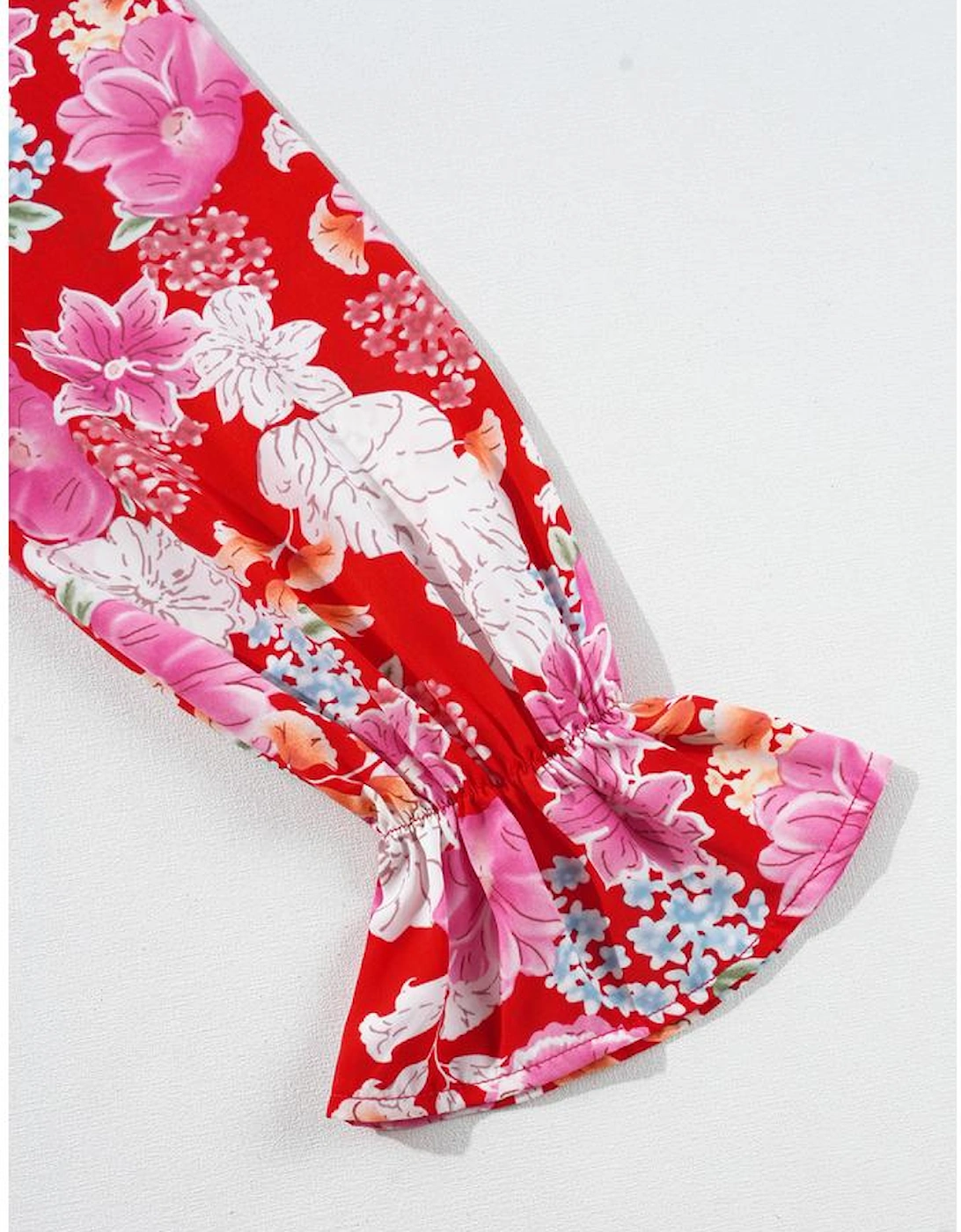 Red Floral Print High Waist V Neck Babydoll Mini Dress