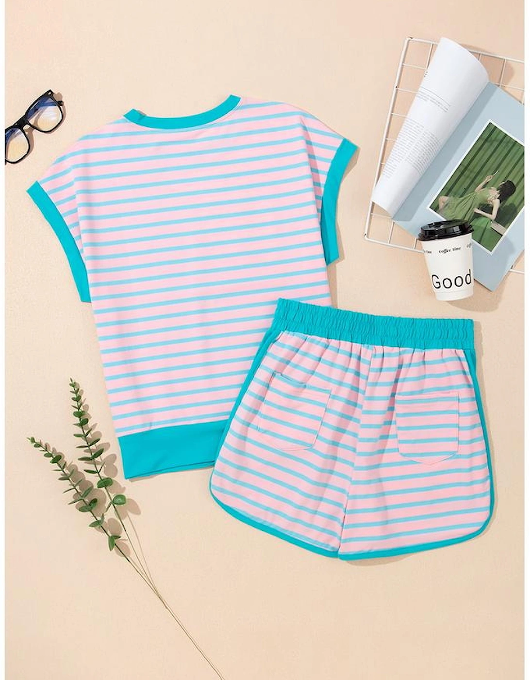 Pink Stripe Color Block Loose Fit Two Piece Shorts Set