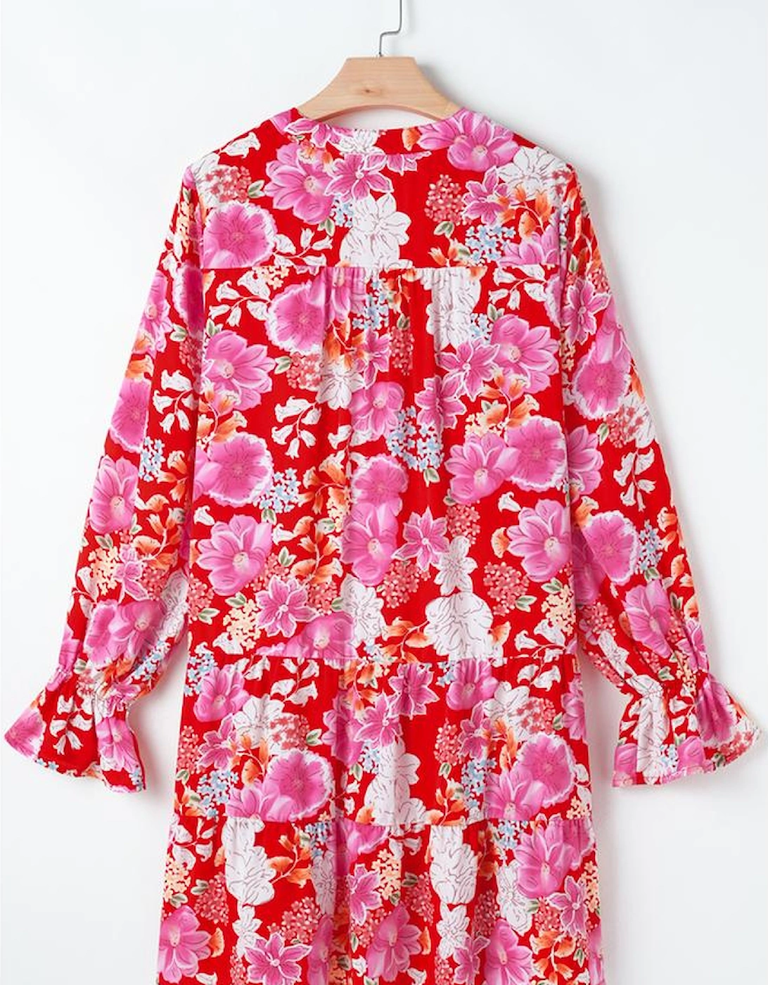 Red Floral Print High Waist V Neck Babydoll Mini Dress