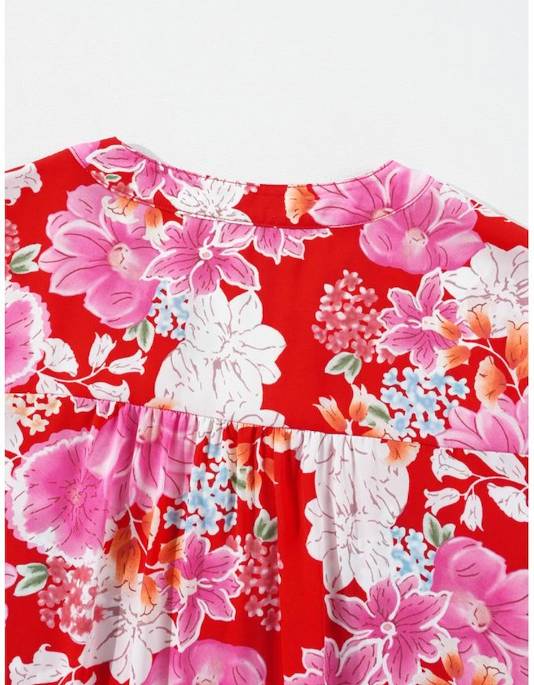 Red Floral Print High Waist V Neck Babydoll Mini Dress