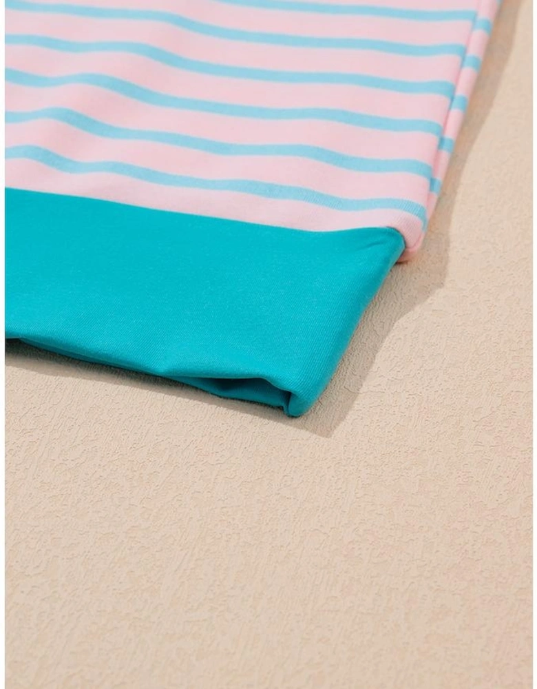 Pink Stripe Color Block Loose Fit Two Piece Shorts Set