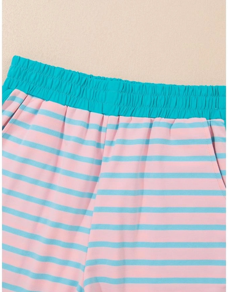 Pink Stripe Color Block Loose Fit Two Piece Shorts Set