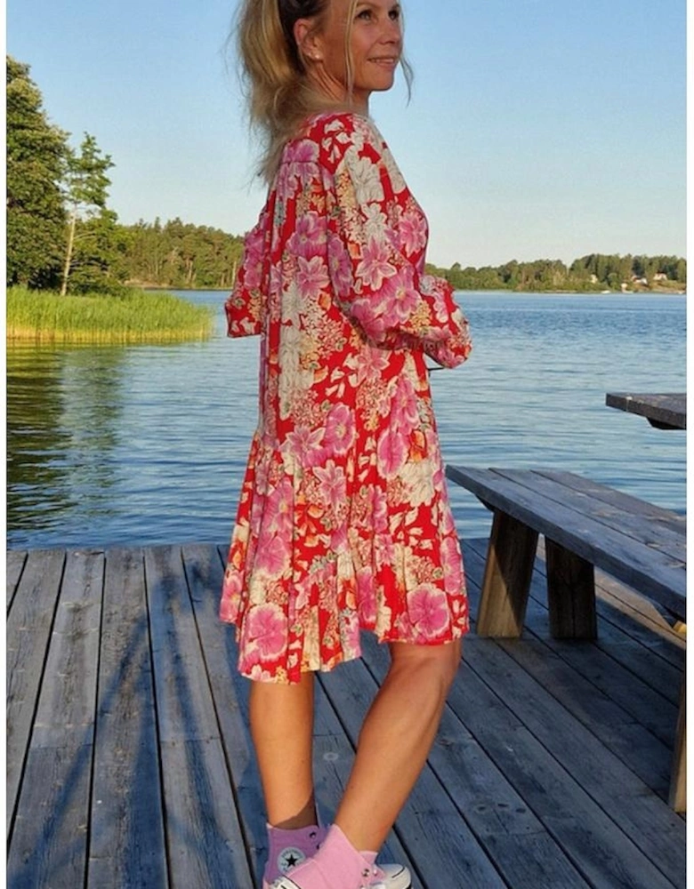 Red Floral Print High Waist V Neck Babydoll Mini Dress