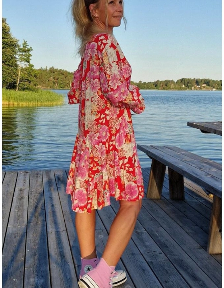 Red Floral Print High Waist V Neck Babydoll Mini Dress