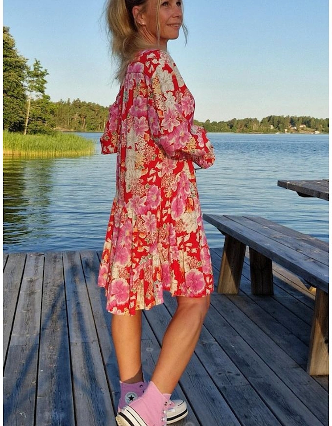 Red Floral Print High Waist V Neck Babydoll Mini Dress