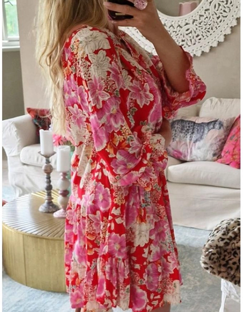 Red Floral Print High Waist V Neck Babydoll Mini Dress