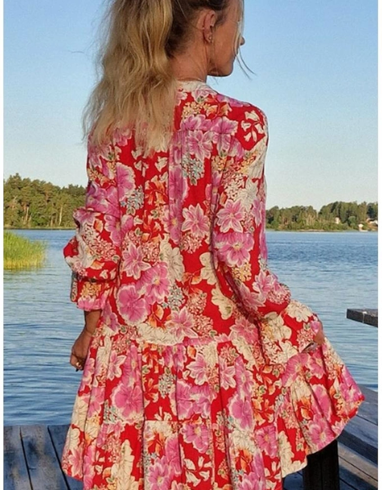 Red Floral Print High Waist V Neck Babydoll Mini Dress