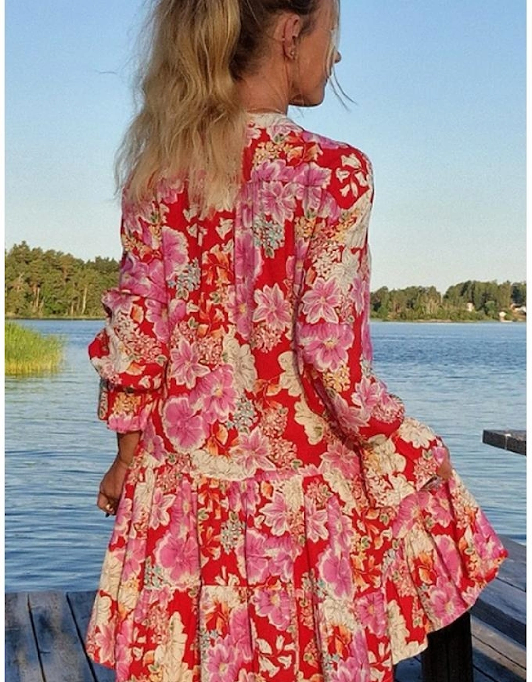 Red Floral Print High Waist V Neck Babydoll Mini Dress