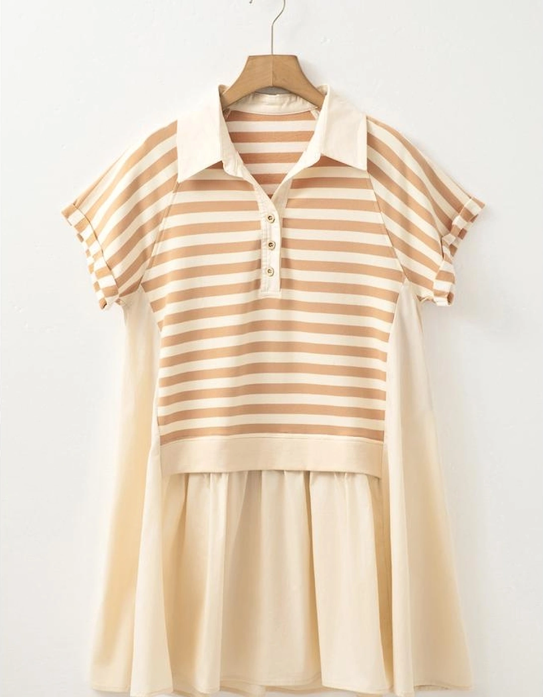 Khaki Stripe Two-in-one Collared Cap Sleeve Patchwork Loose Mini Dress