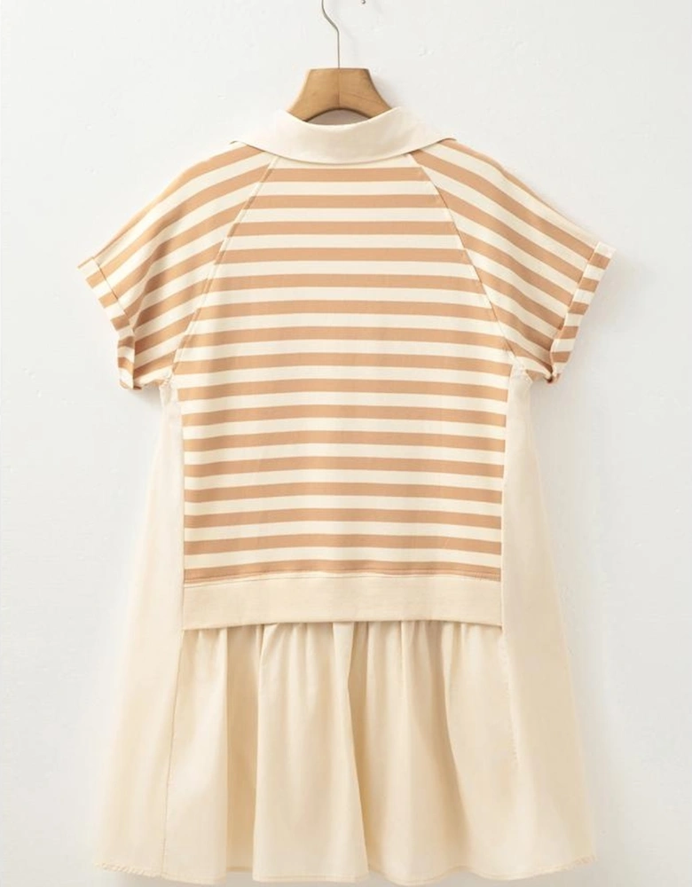 Khaki Stripe Two-in-one Collared Cap Sleeve Patchwork Loose Mini Dress