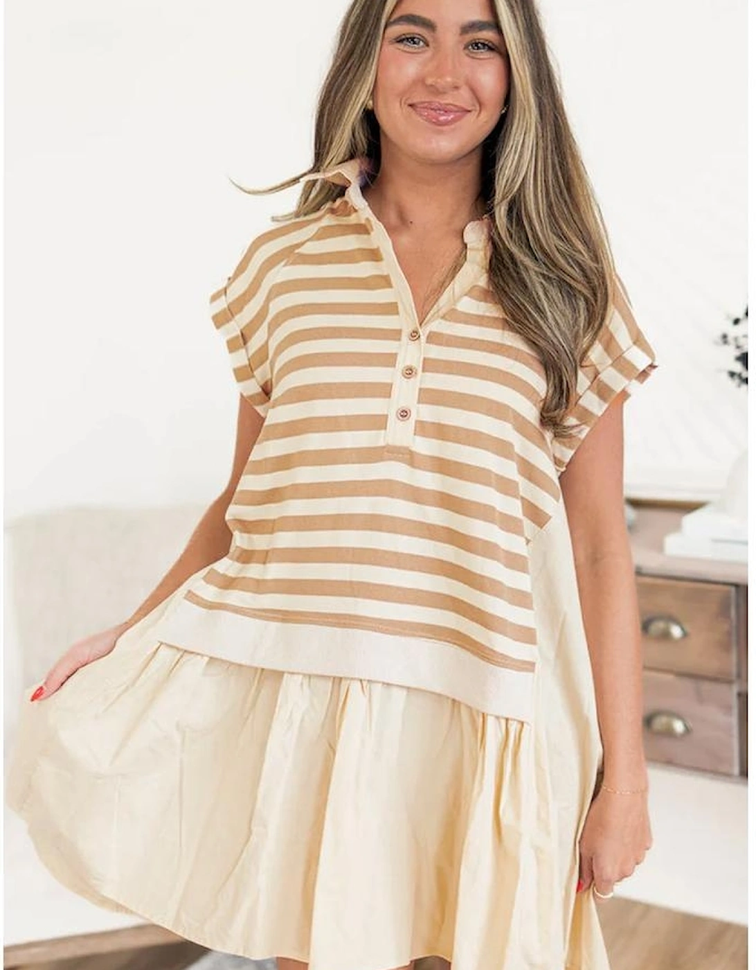 Khaki Stripe Two-in-one Collared Cap Sleeve Patchwork Loose Mini Dress