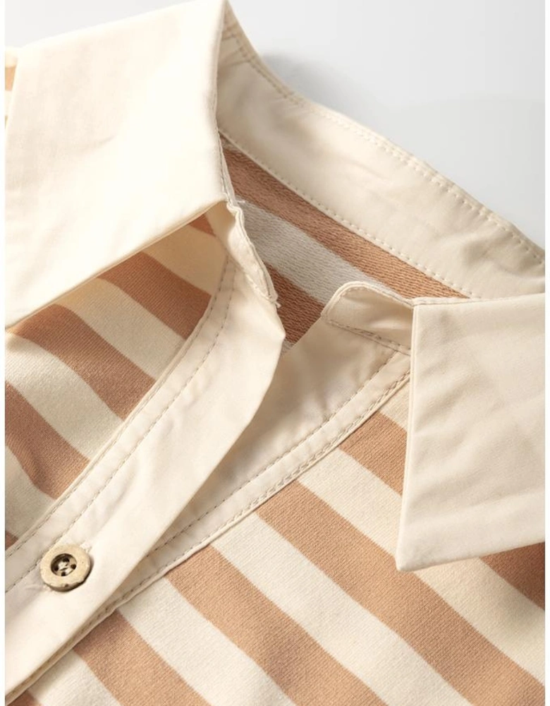 Khaki Stripe Two-in-one Collared Cap Sleeve Patchwork Loose Mini Dress