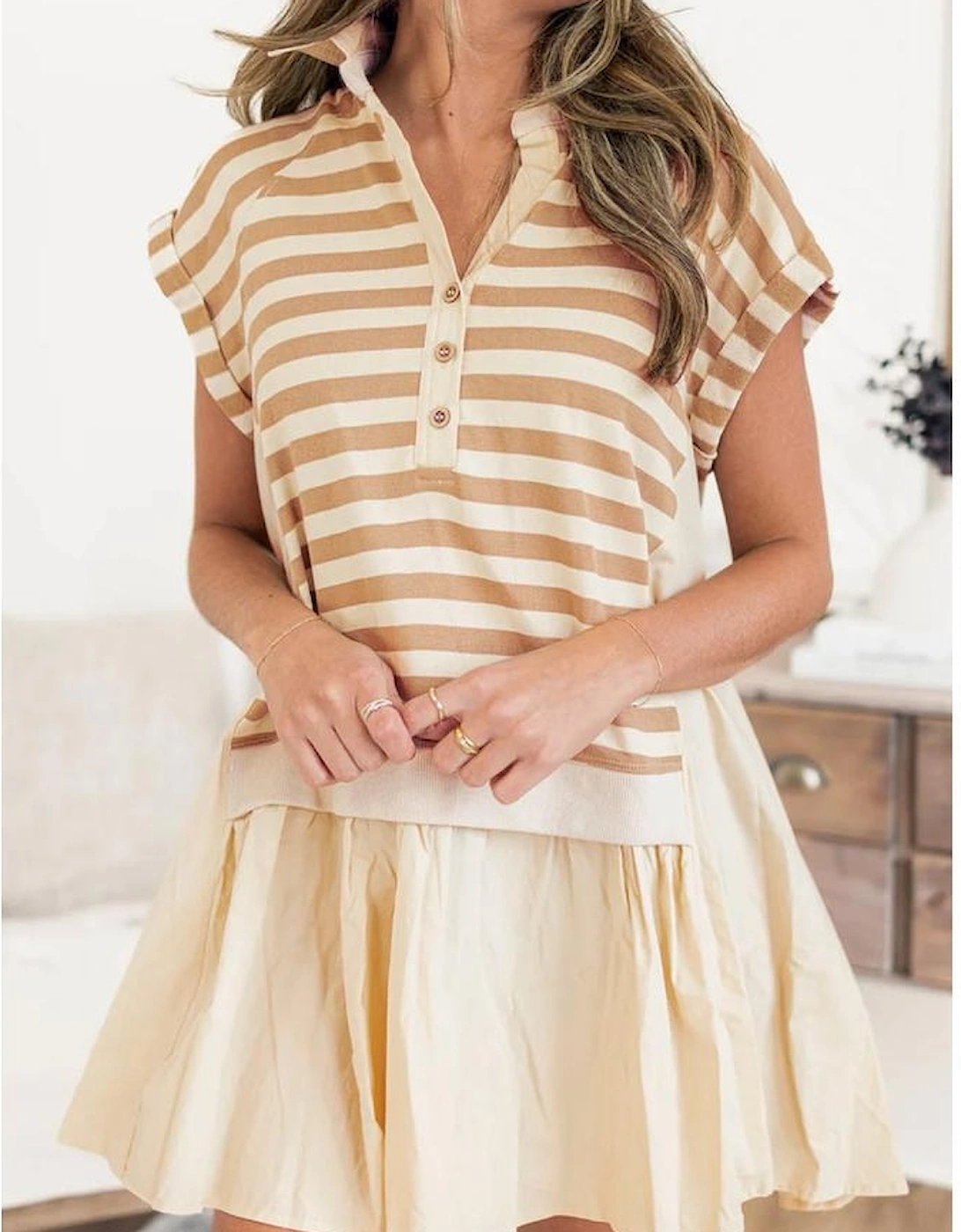 Khaki Stripe Two-in-one Collared Cap Sleeve Patchwork Loose Mini Dress, 13 of 12