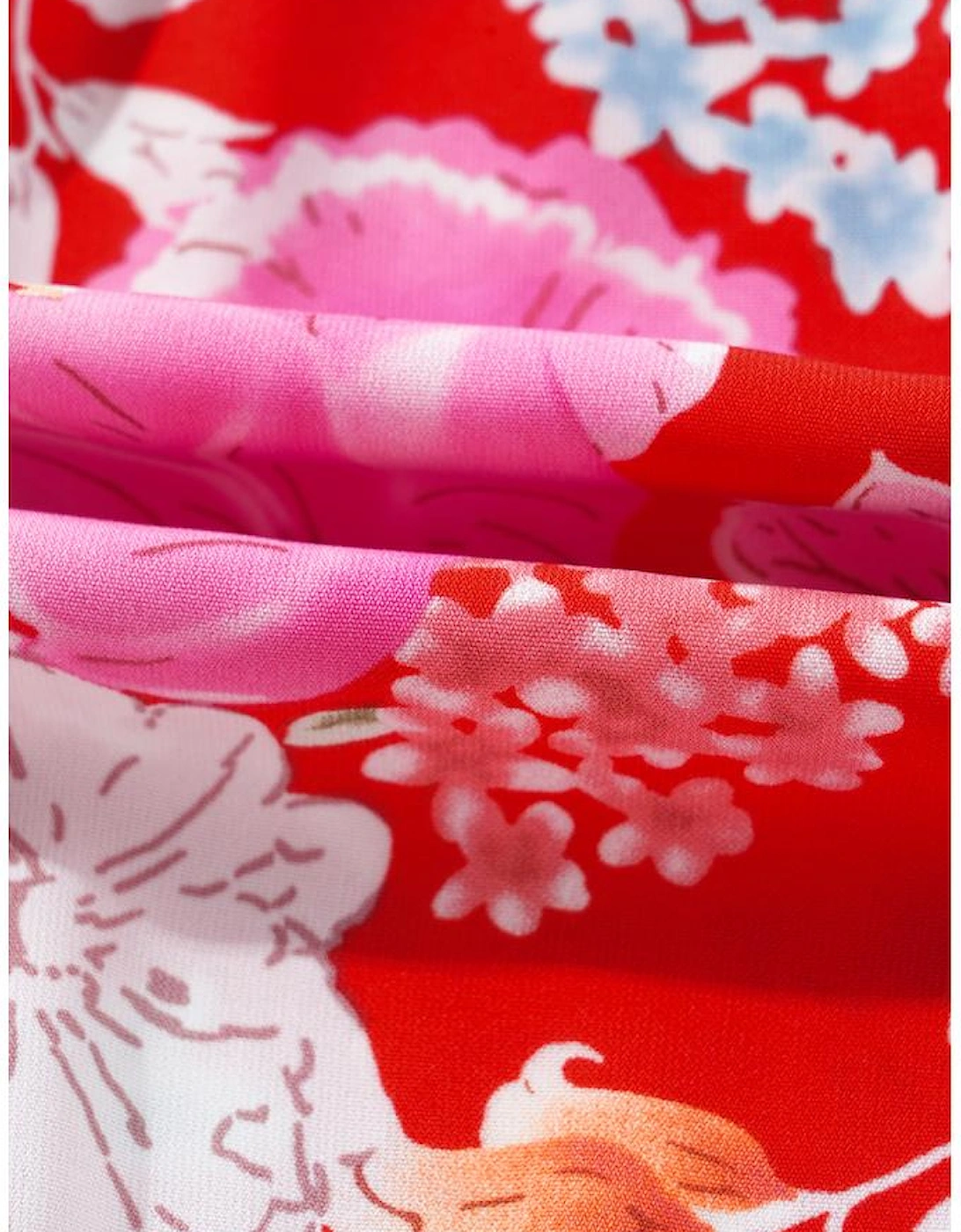 Red Floral Print High Waist V Neck Babydoll Mini Dress