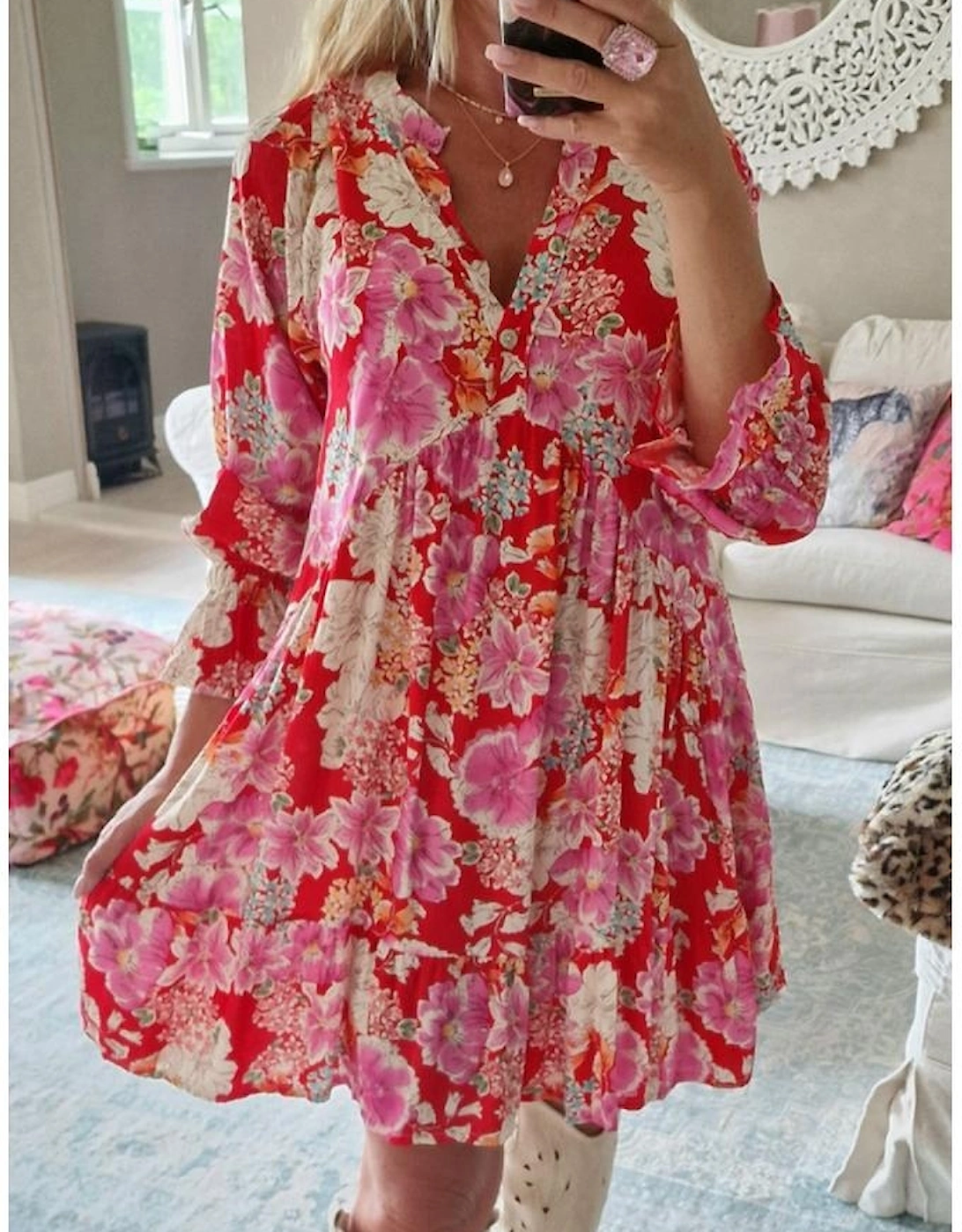 Red Floral Print High Waist V Neck Babydoll Mini Dress
