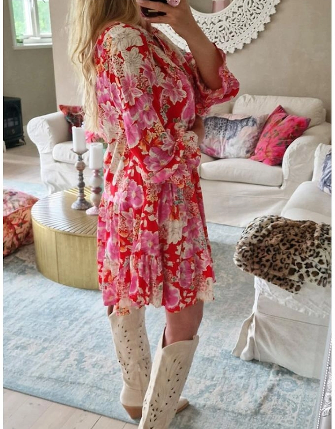 Red Floral Print High Waist V Neck Babydoll Mini Dress