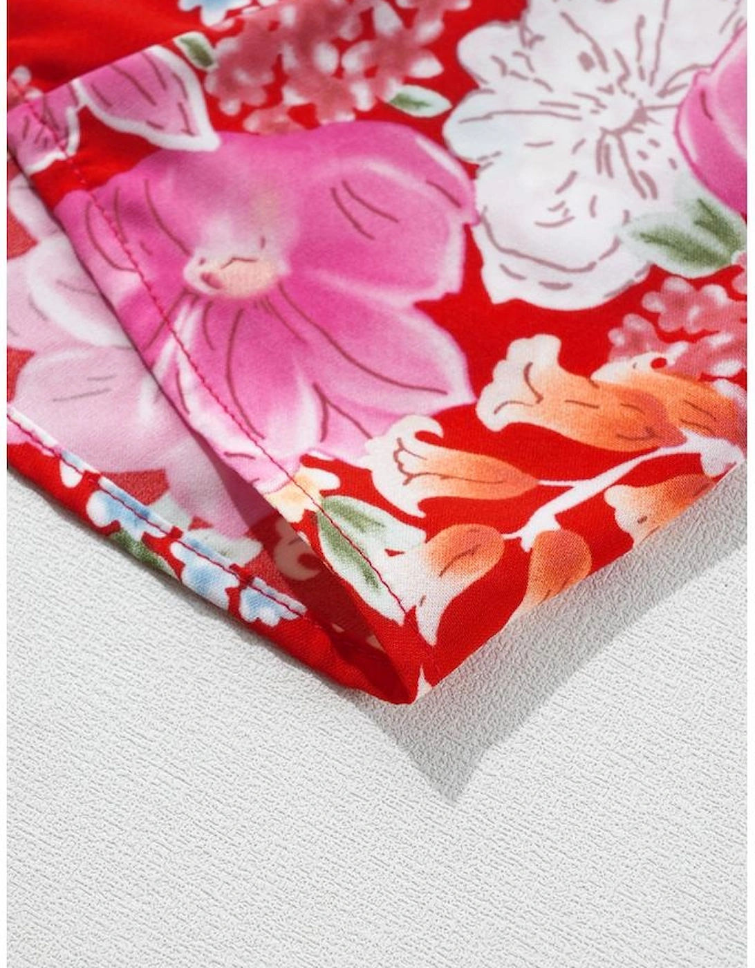 Red Floral Print High Waist V Neck Babydoll Mini Dress