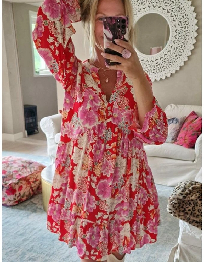 Red Floral Print High Waist V Neck Babydoll Mini Dress