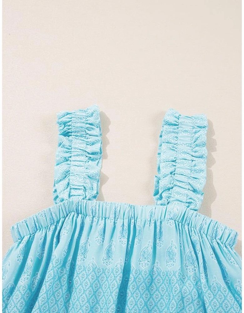 Sky Blue Tribal Pattern Print Ruffled Wide Straps Loose Tank Top