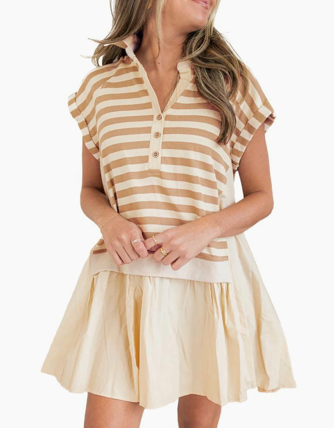 Khaki Stripe Two-in-one Collared Cap Sleeve Patchwork Loose Mini Dress