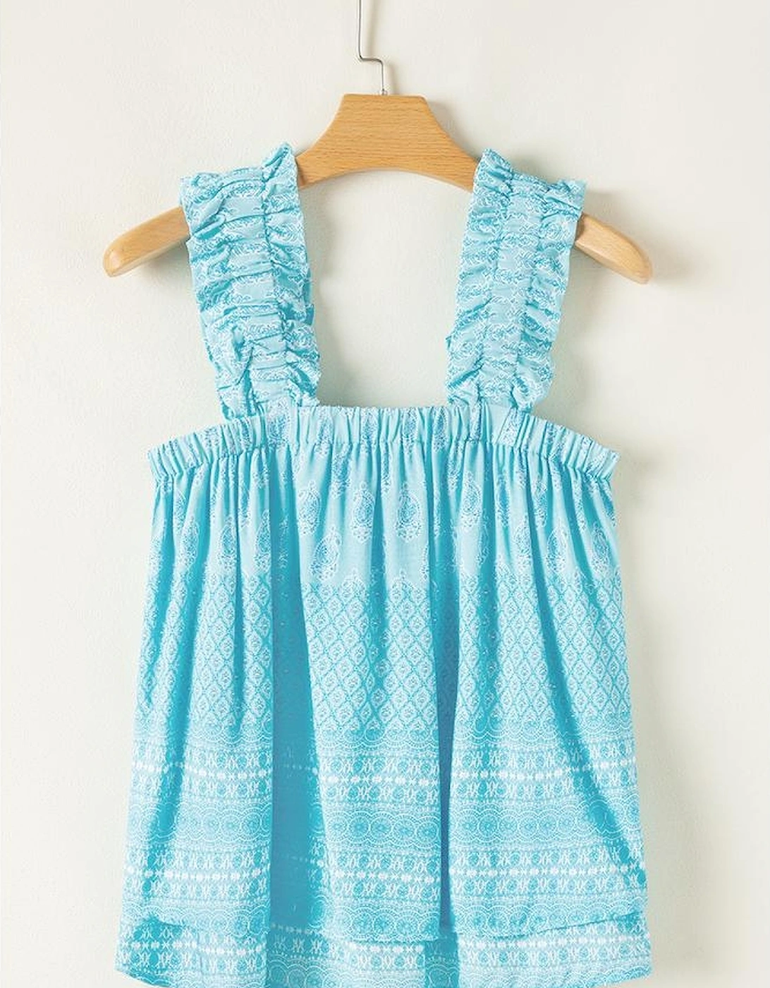 Sky Blue Tribal Pattern Print Ruffled Wide Straps Loose Tank Top