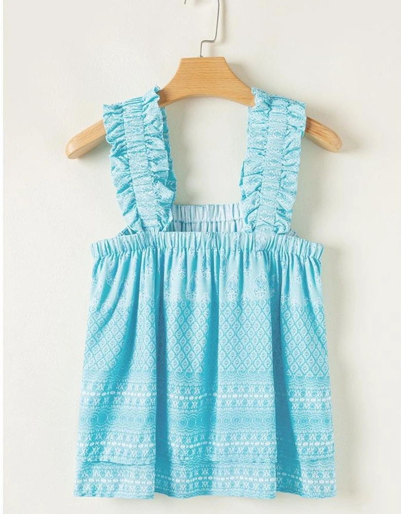 Sky Blue Tribal Pattern Print Ruffled Wide Straps Loose Tank Top