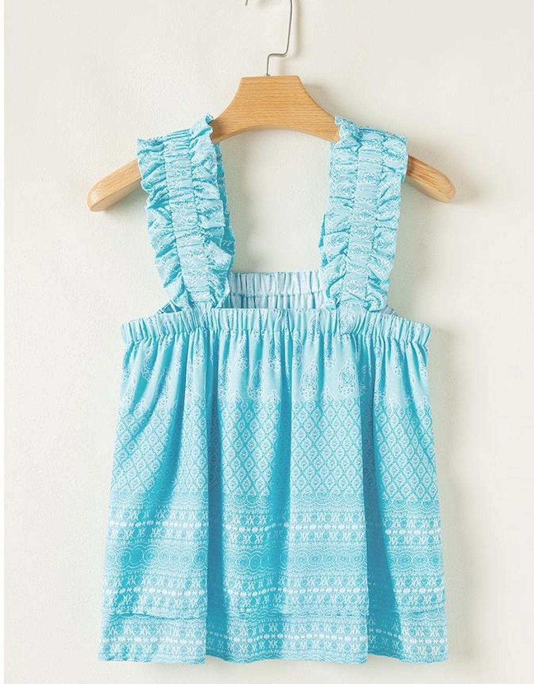 Sky Blue Tribal Pattern Print Ruffled Wide Straps Loose Tank Top