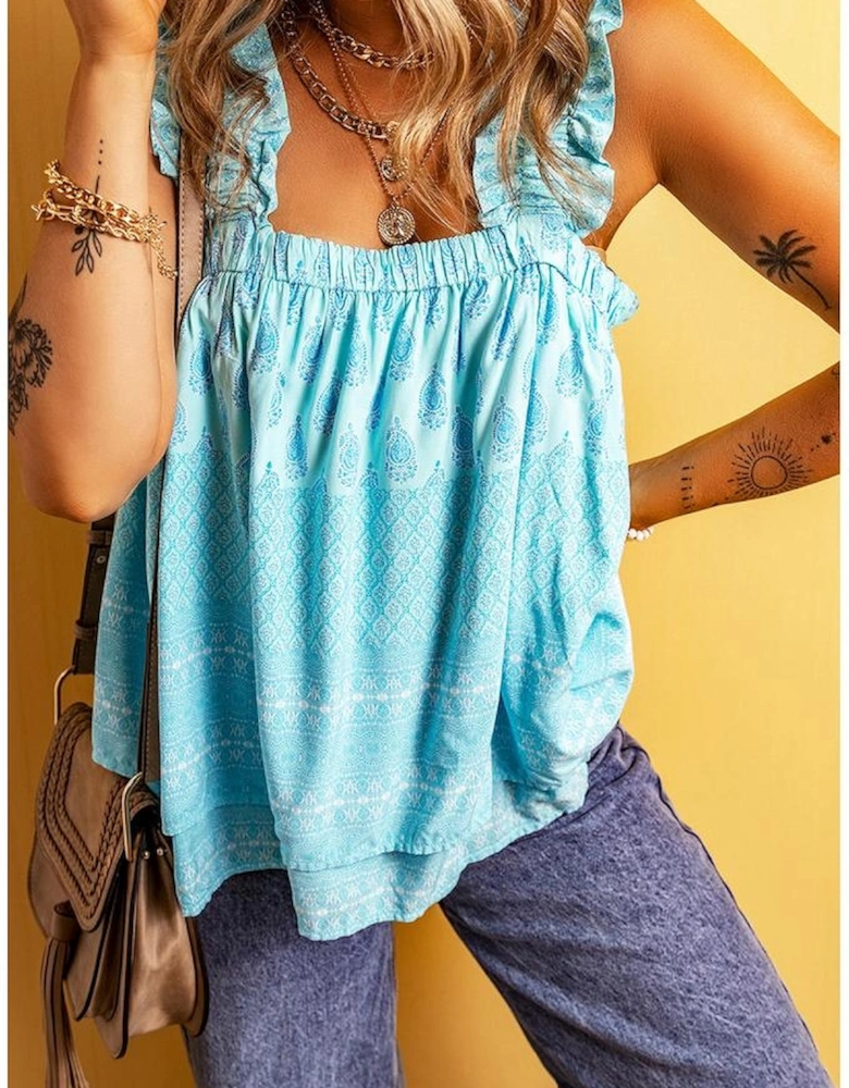 Sky Blue Tribal Pattern Print Ruffled Wide Straps Loose Tank Top