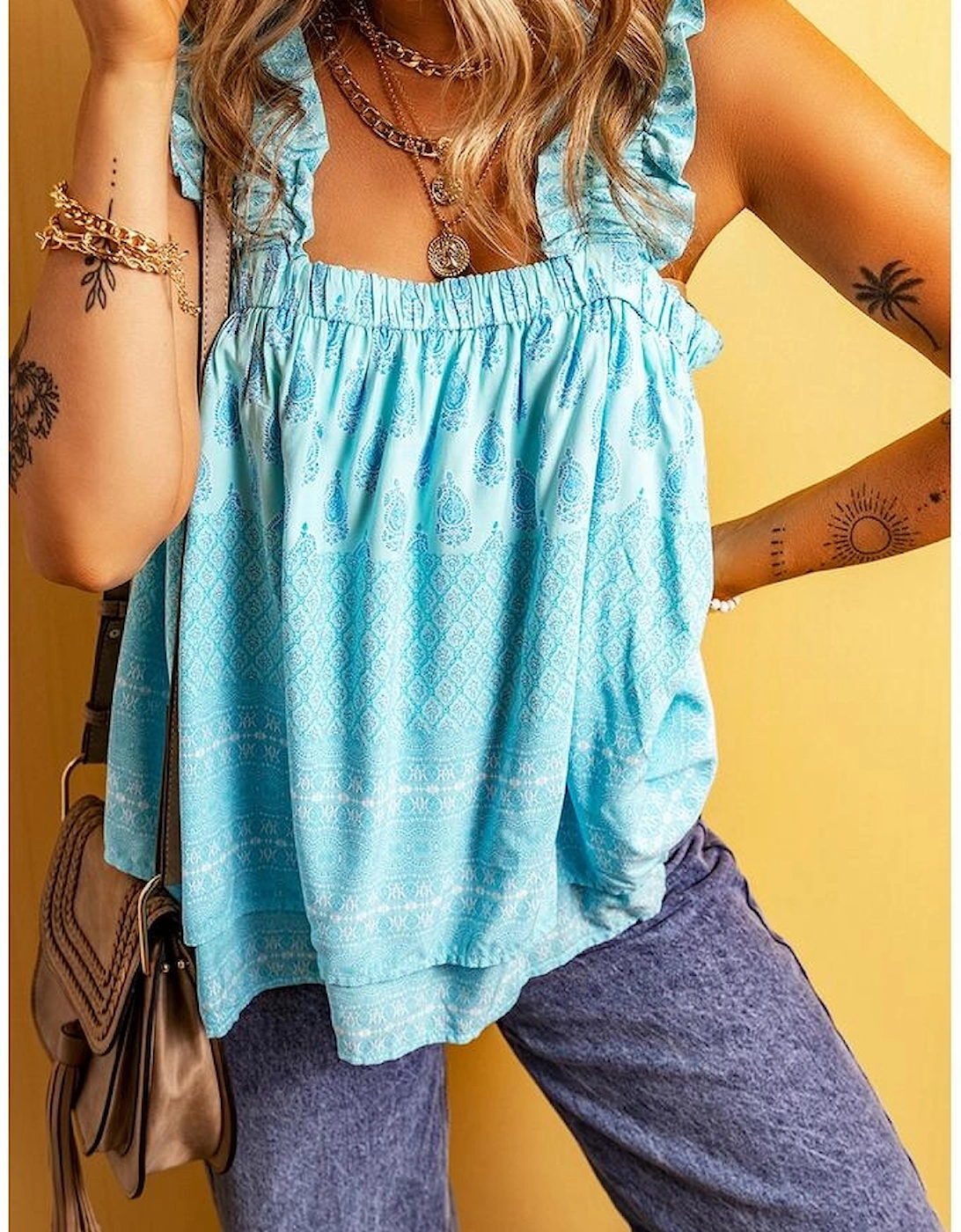 Sky Blue Tribal Pattern Print Ruffled Wide Straps Loose Tank Top