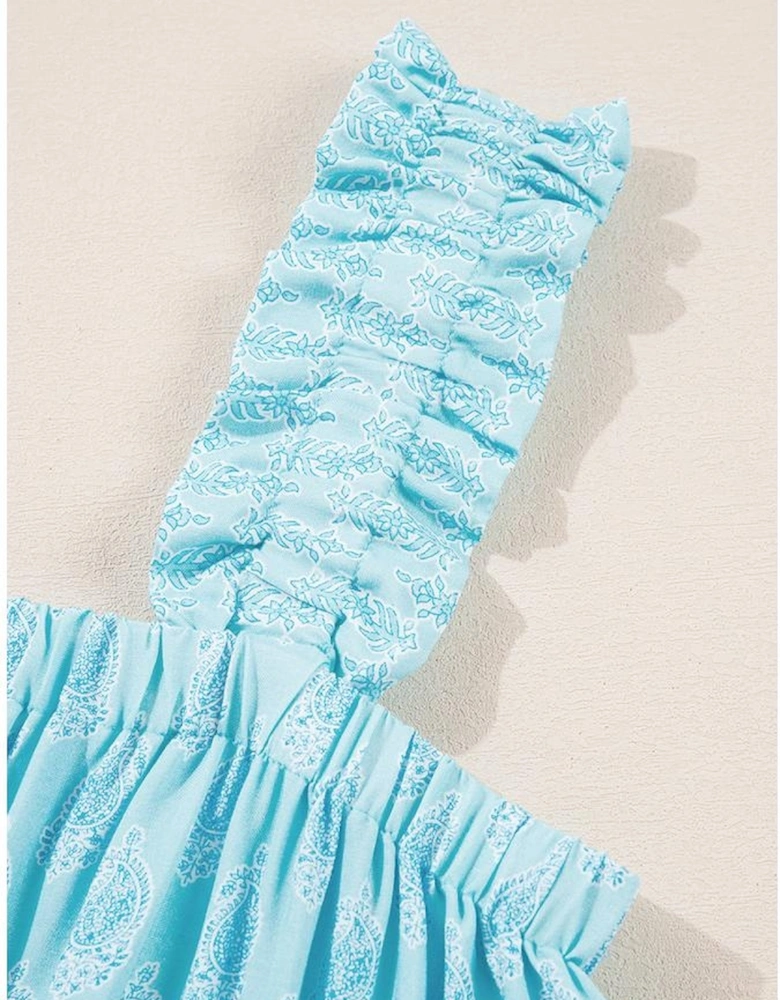 Sky Blue Tribal Pattern Print Ruffled Wide Straps Loose Tank Top