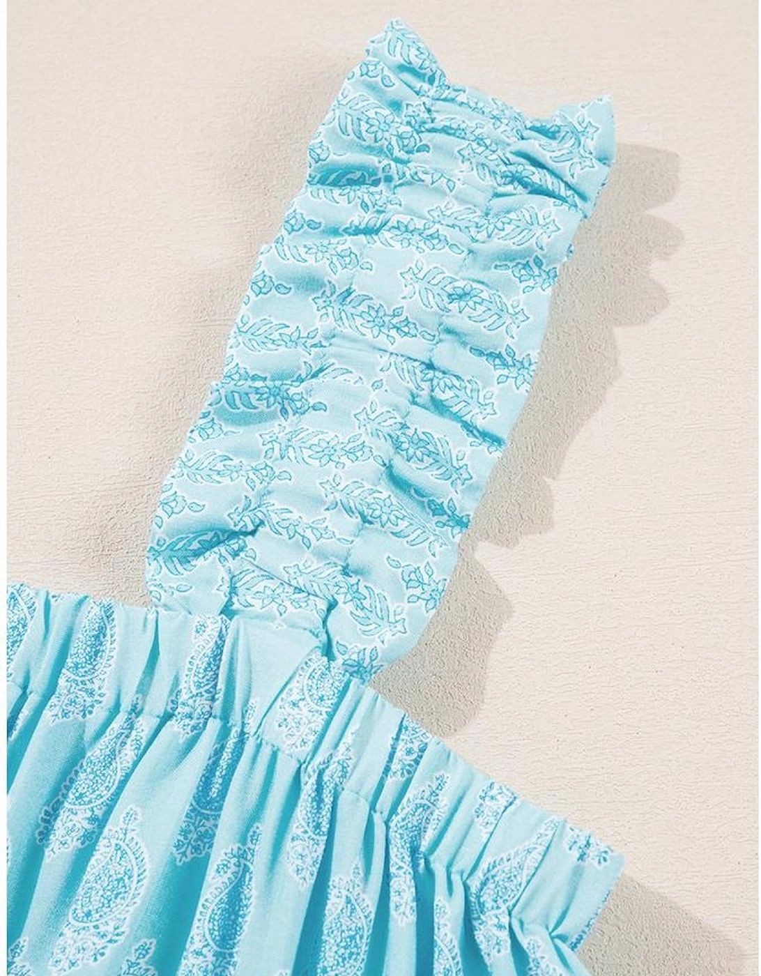 Sky Blue Tribal Pattern Print Ruffled Wide Straps Loose Tank Top